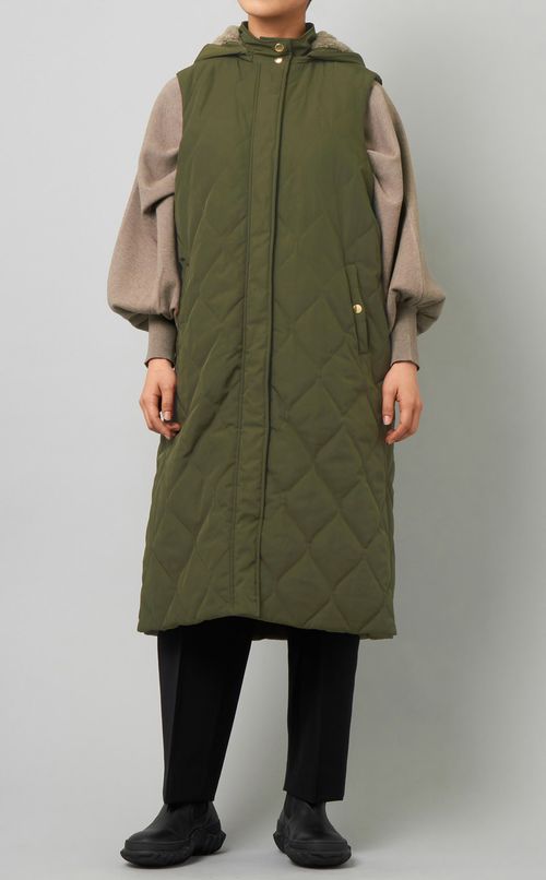 フード付キルトロングベスト