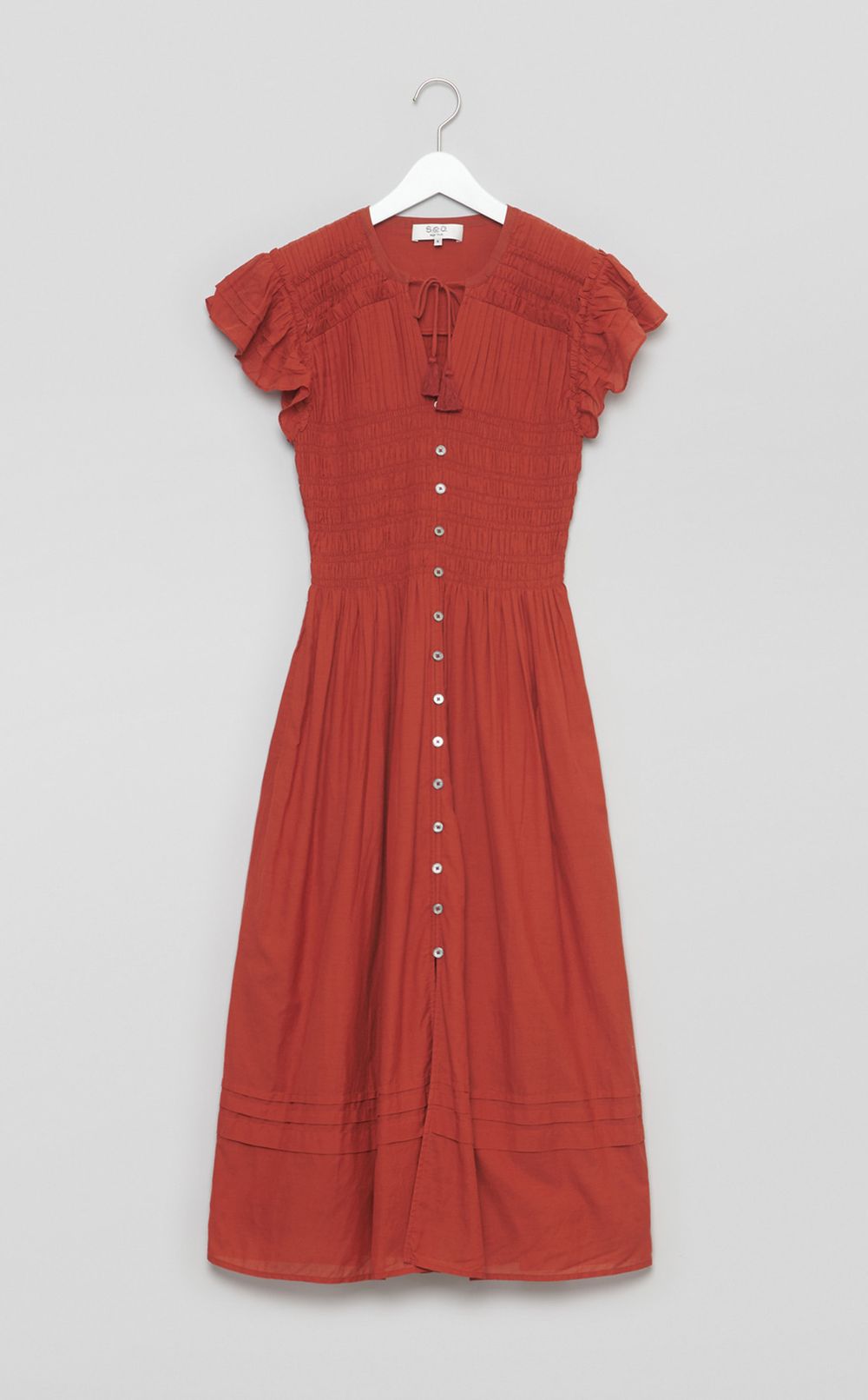 コットンギャザータックスリーブワンピース