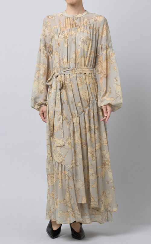 ウエストリボンフラワープリントワンピース