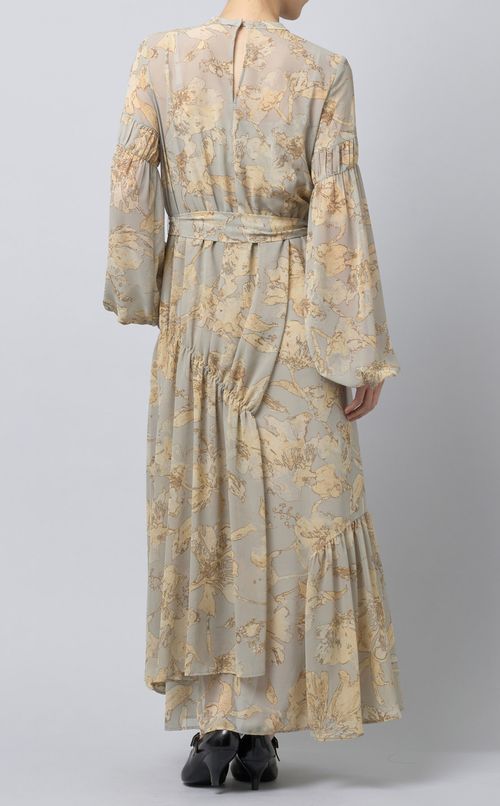 ウエストリボンフラワープリントワンピース