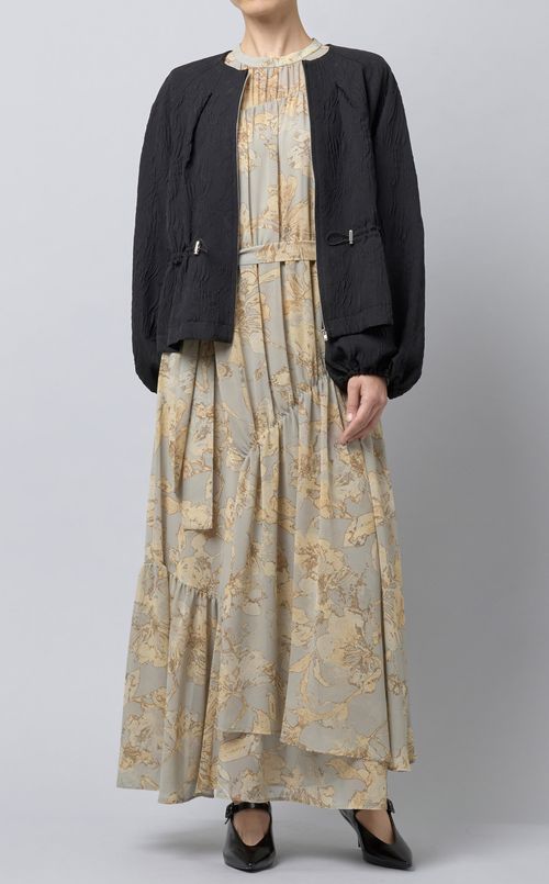 ウエストリボンフラワープリントワンピース