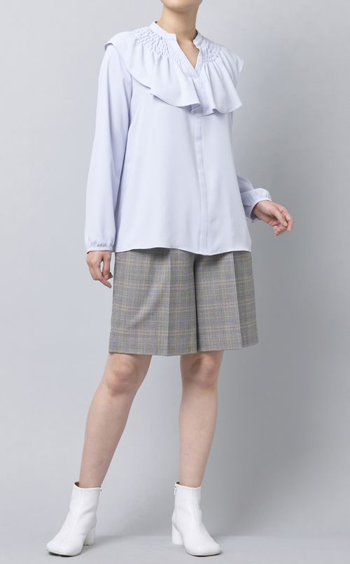 シャーリングフリルジョーゼットブラウス