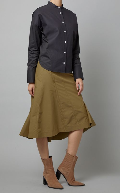 バックレースアップバンドカラーシャツ