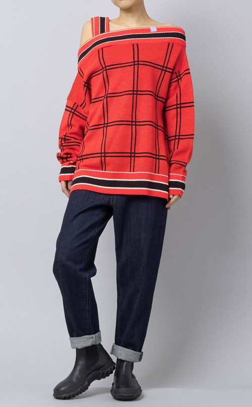 ワンショルダーチェックニット