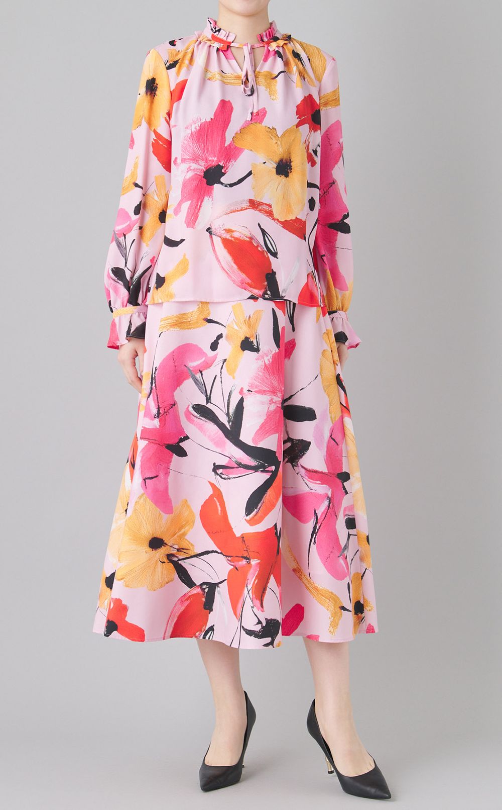 フラワープリントギャザーブラウス