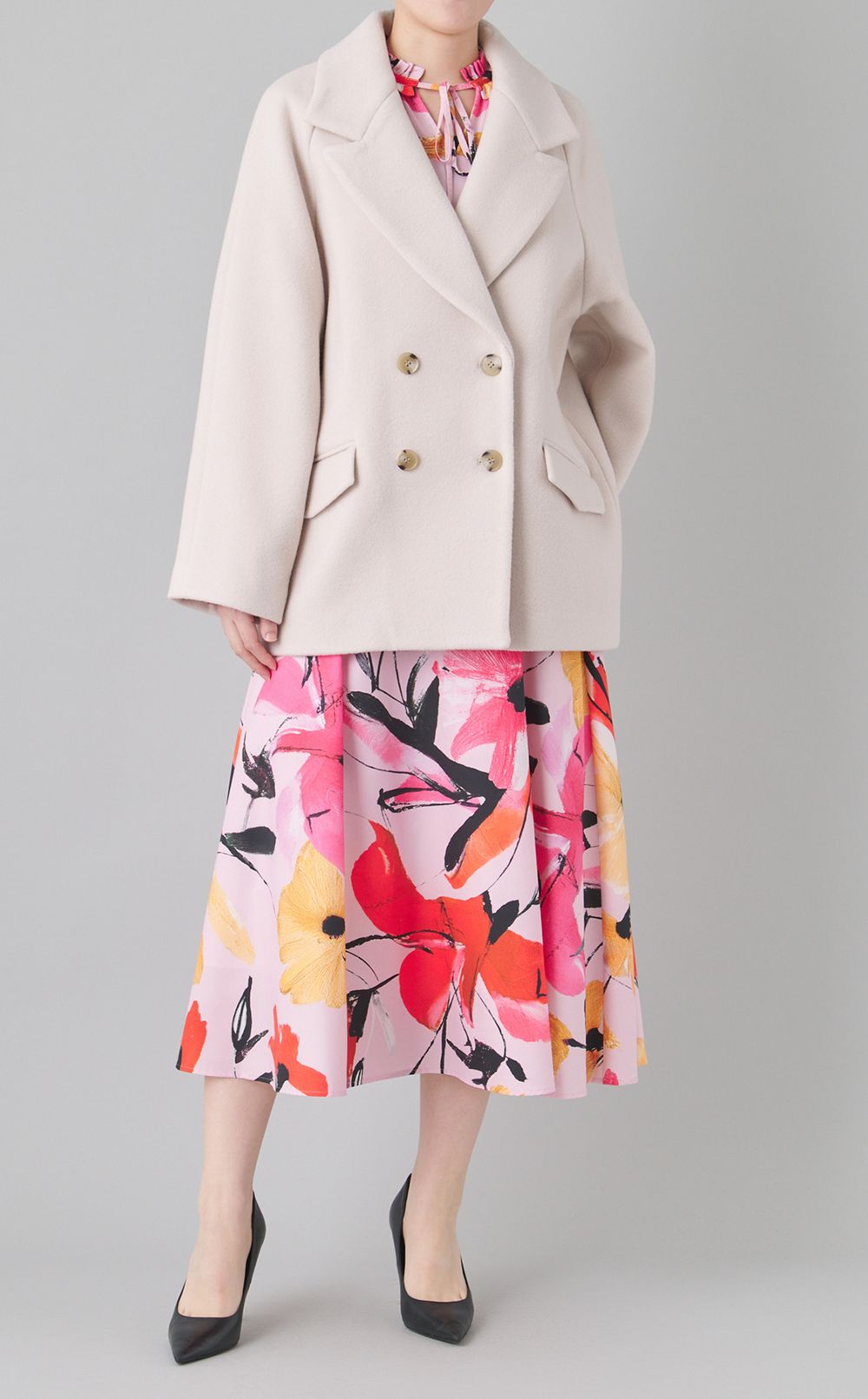 フラワープリントタフタフレアスカート