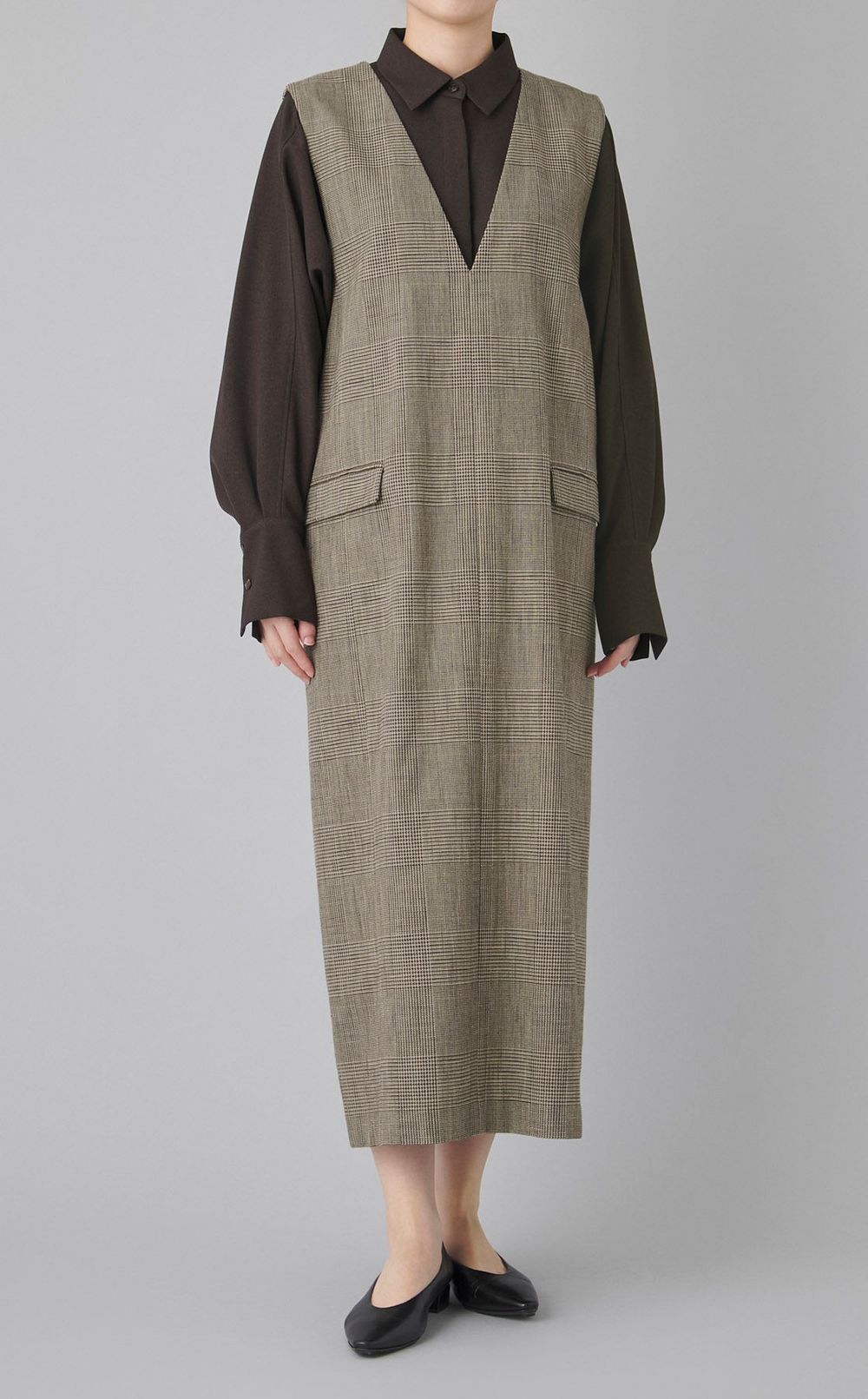 グレンチェックVネックワンピース