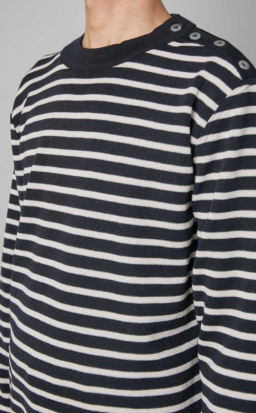 ボーダーボタンネックプルオーバー