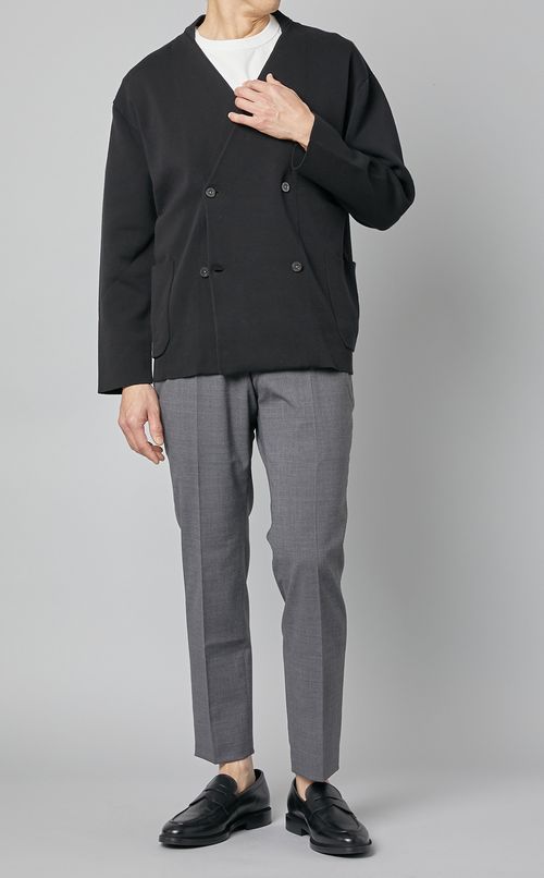 ノーカラーニットダブルジャケット