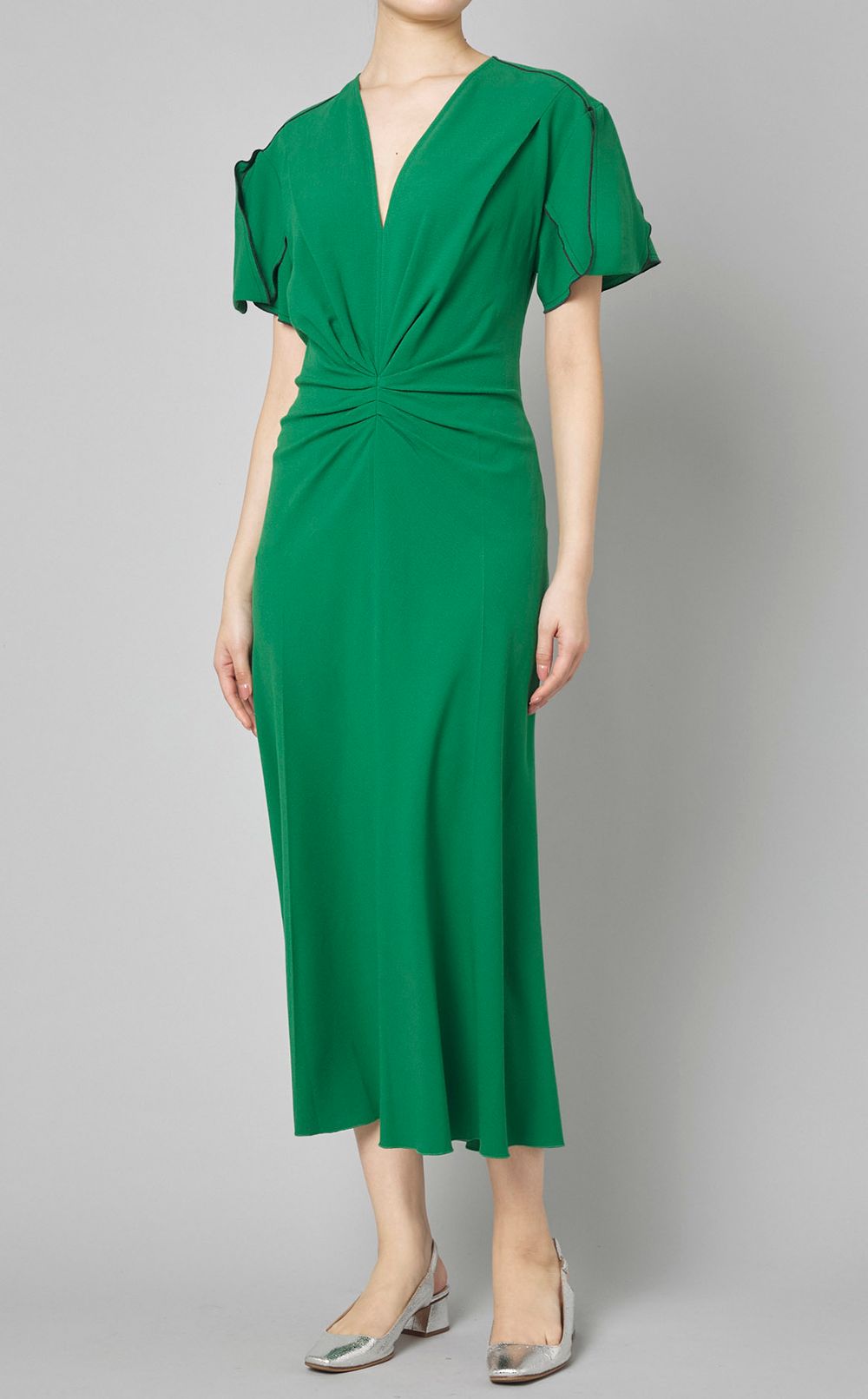 【関税込み】Victoria Beckham★ギャザー Vネック ミディ ドレス Victoria Beckham|ギャザーVネックミディワンピース