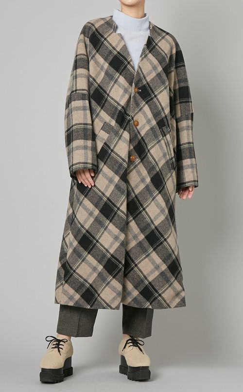 タータンチェックノーカラーコート