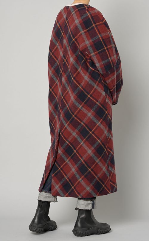 タータンチェックノーカラーコート