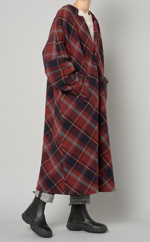 タータンチェックノーカラーコート