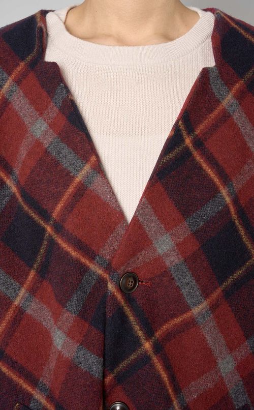 タータンチェックノーカラーコート