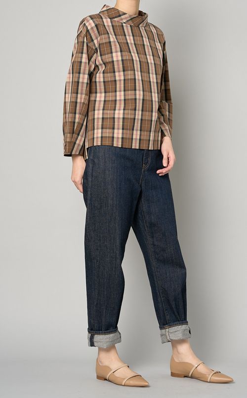 チェック柄スタンドネックブラウス