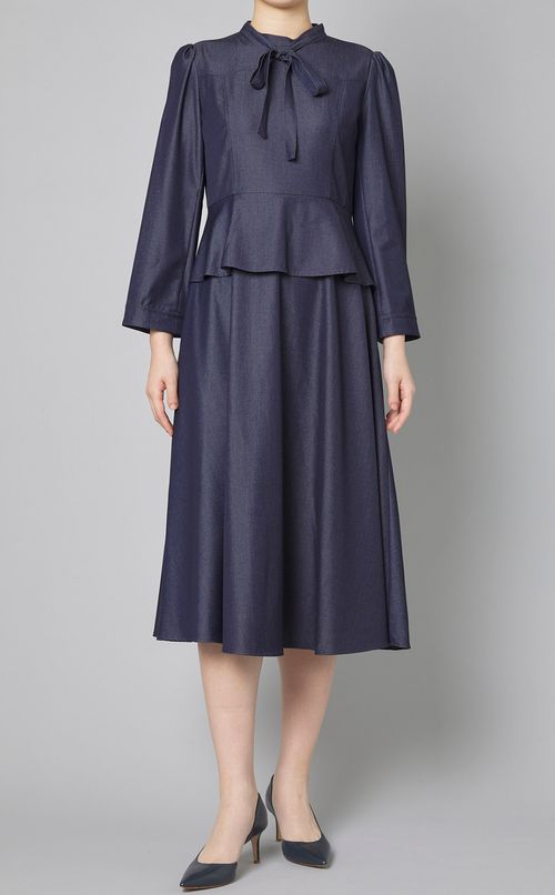 ペプラムデニム調ワンピース