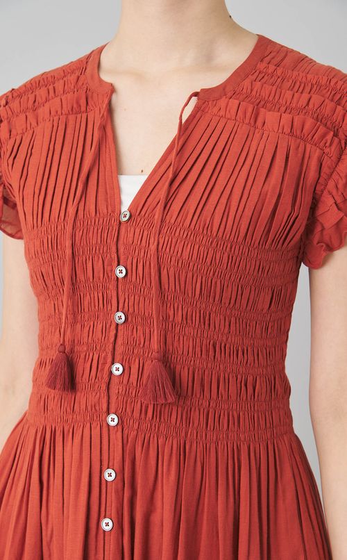 コットンギャザータックスリーブワンピース