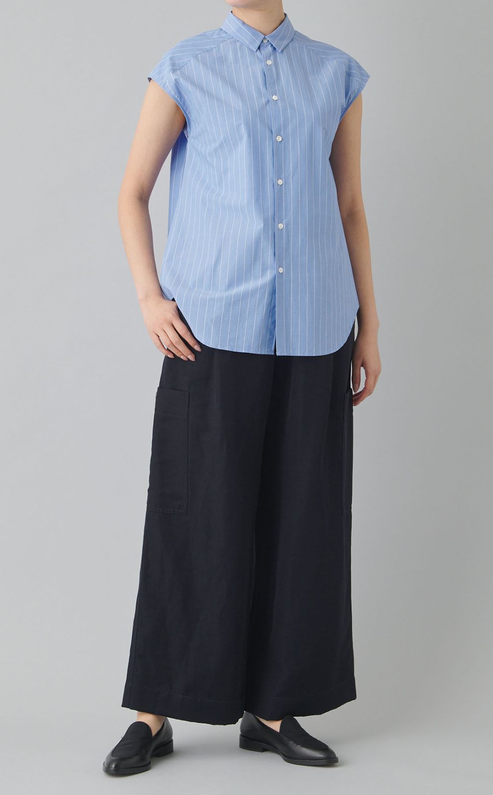 コットンブロードストライプノースリシャツ