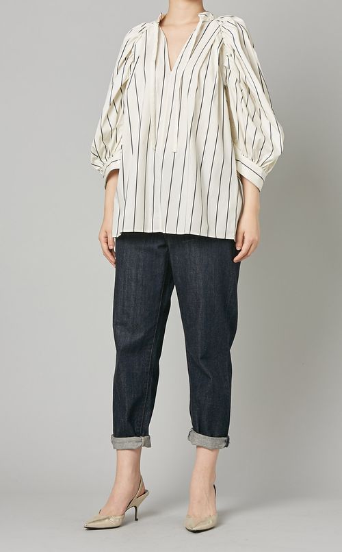 パフスリーブストライプブラウス
