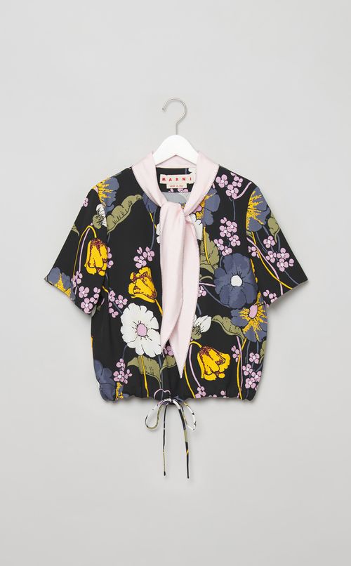 レトロフラワープリントボウタイブラウス