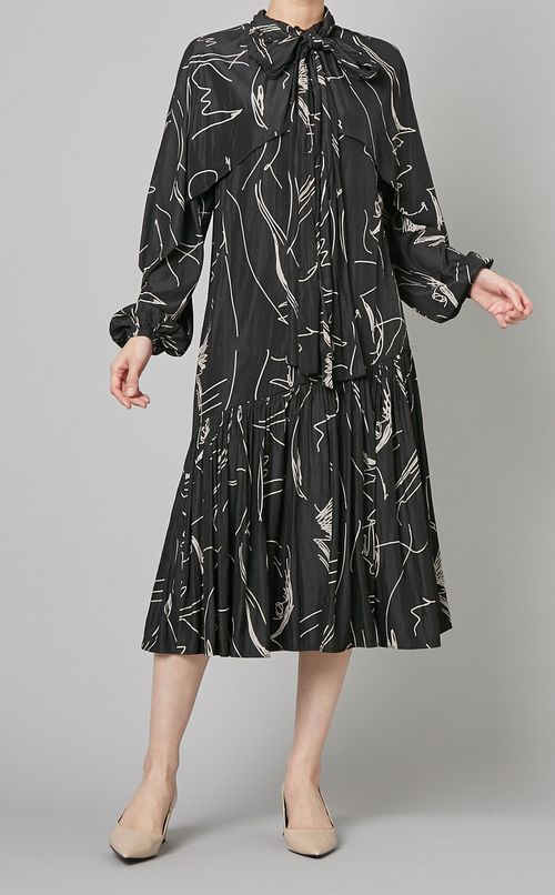 ボウタイプリントミディワンピース