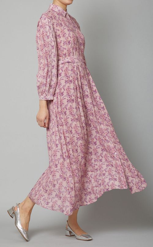 フラワープリントギャザースリーブドレス