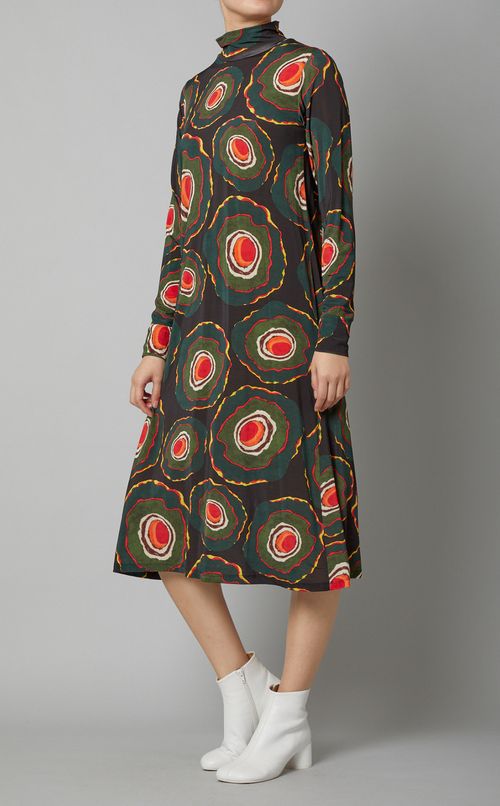 プリントハイネックミディドレス