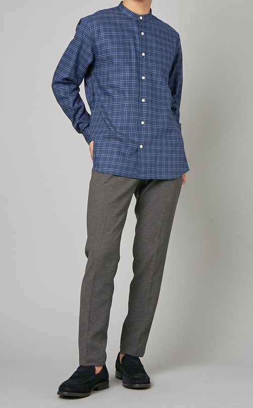 チェックノーカラーシャツ