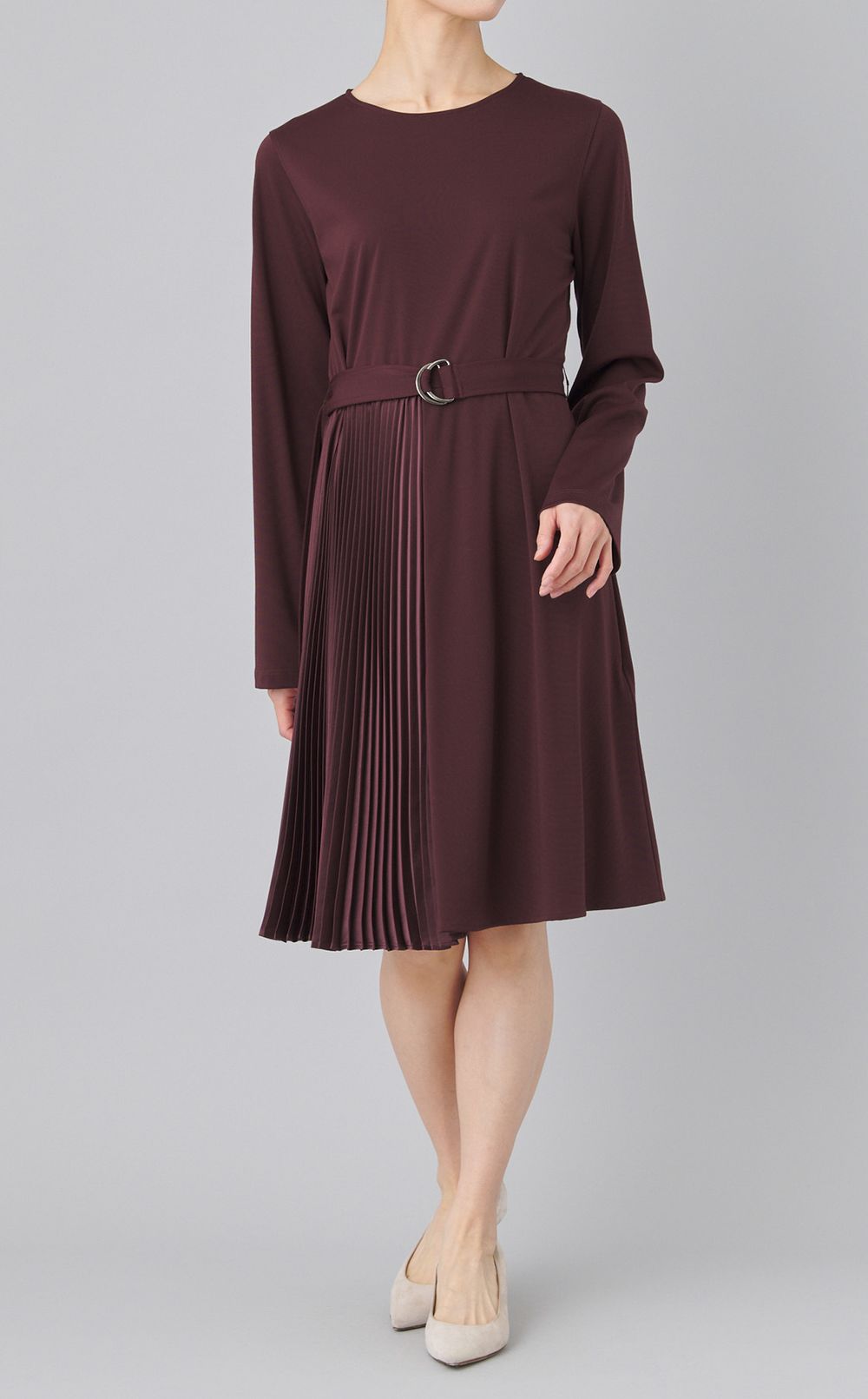 ジャージ切替プリーツベルテッドワンピース