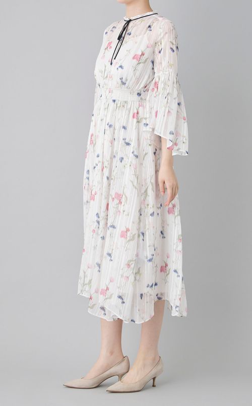 ボウタイフラワープリントワンピース