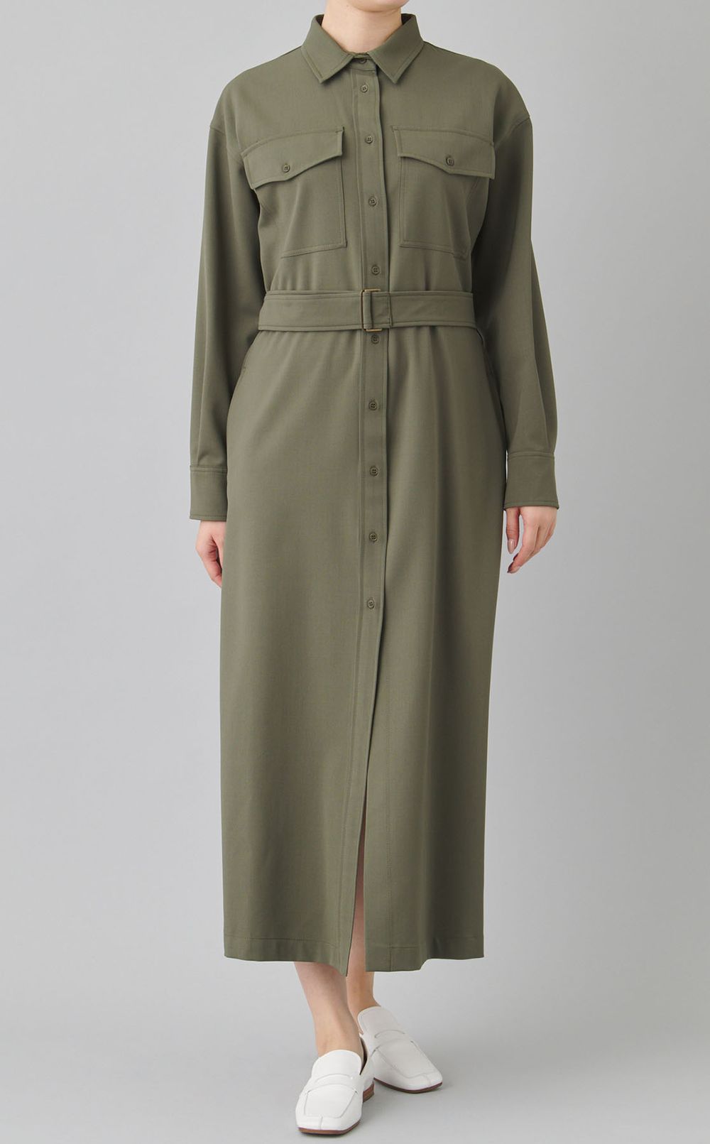 ギャバジンベルテッドシャツワンピース