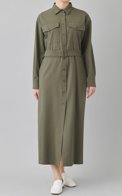 ギャバジンベルテッドシャツワンピース