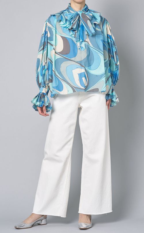 プリントフリルネックギャザーブラウス