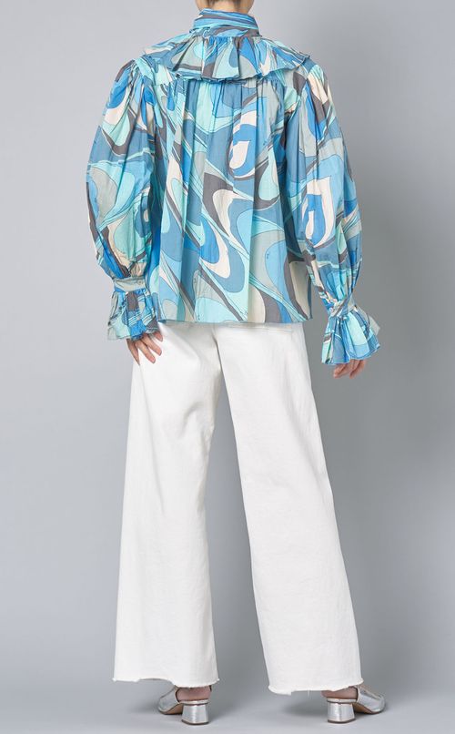 プリントフリルネックギャザーブラウス