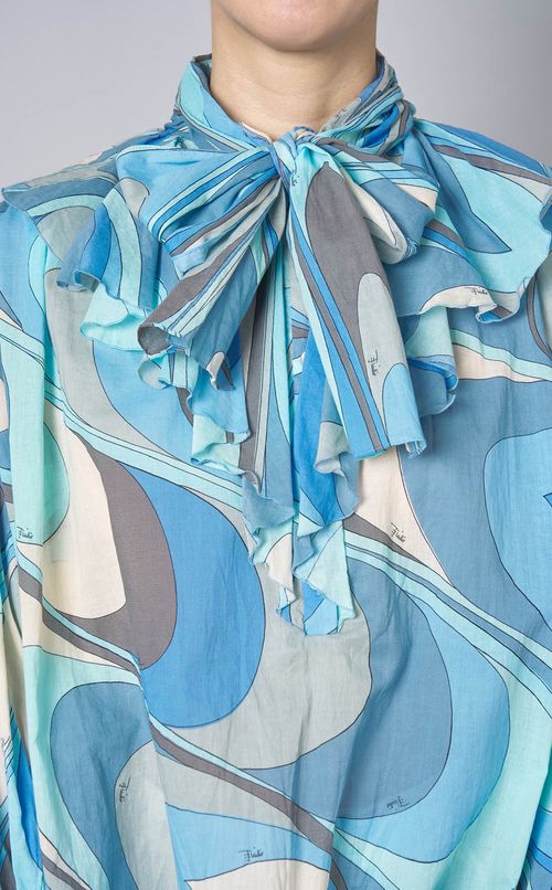 プリントフリルネックギャザーブラウス