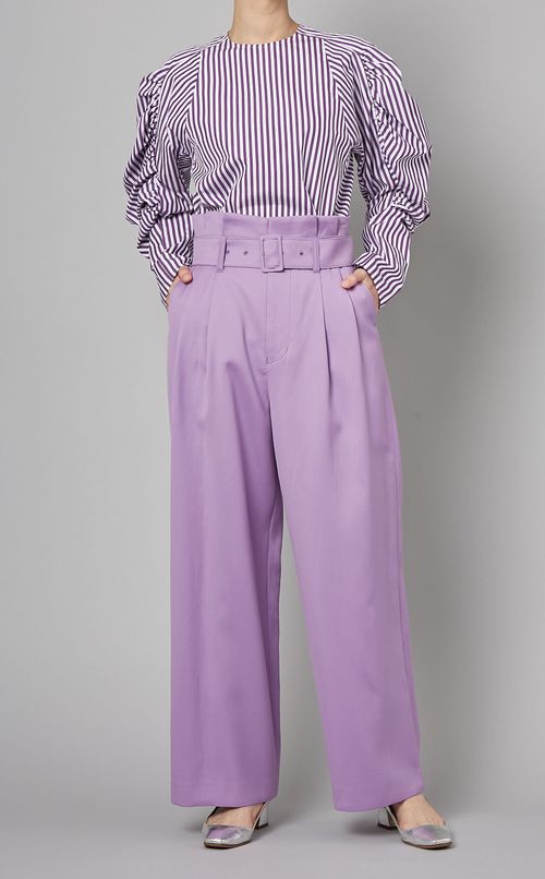 ストライプギャザースリーブブラウス