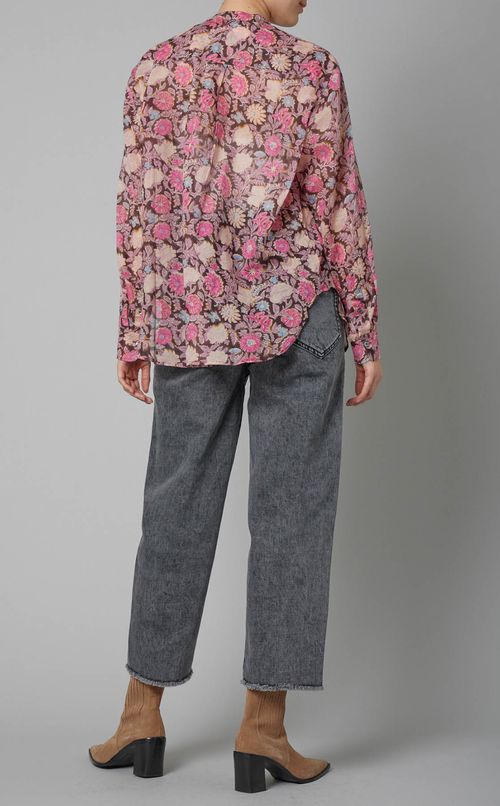 コットンプリントバンドカラーブラウス