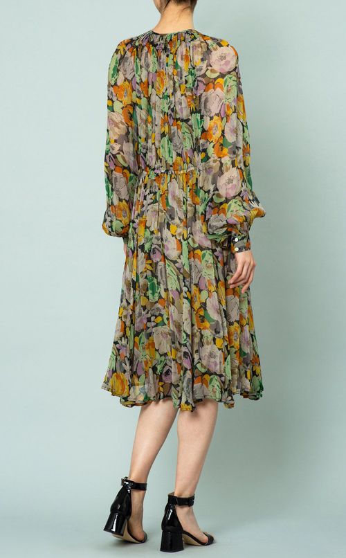 カフスリーブフラワープリントワンピース