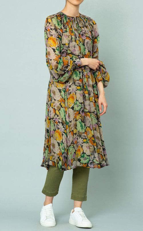 カフスリーブフラワープリントワンピース