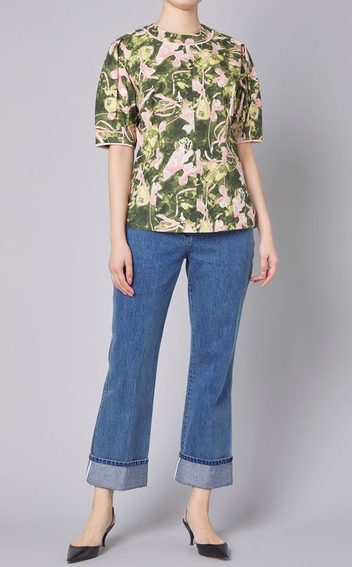 ウォッシュドデニムベルト付フレアパンツ