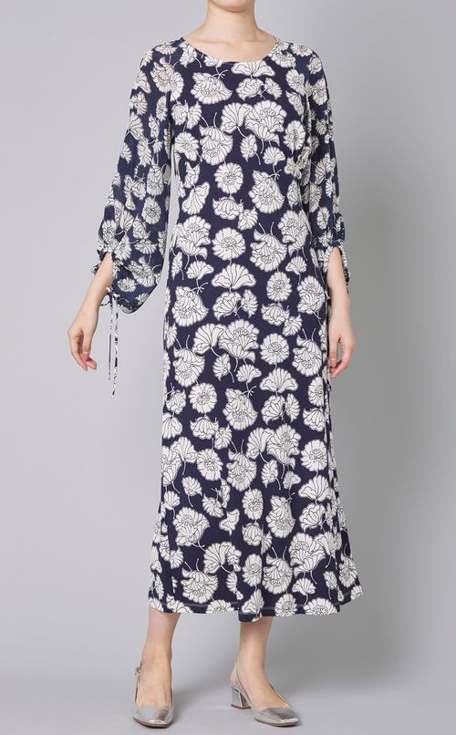 プリン卜ギャザースリーブワンピース