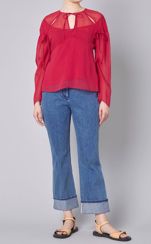 ウォッシュドデニムベルト付フレアパンツ