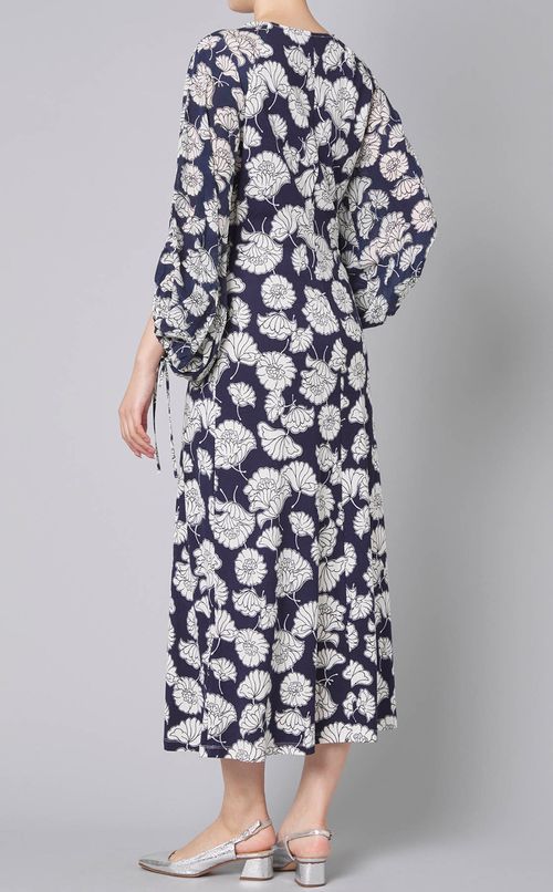 プリン卜ギャザースリーブワンピース