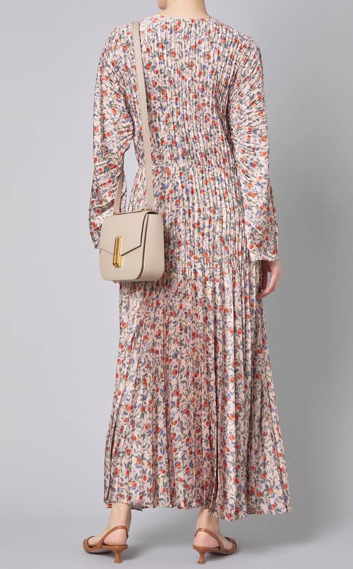 フラワープリントプリーツロングワンピース