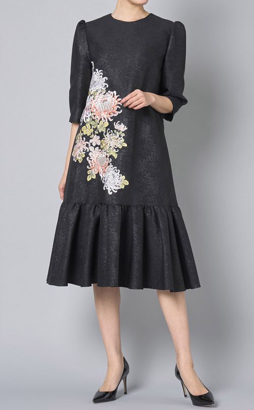 菊柄ジャガードフレアワンピース