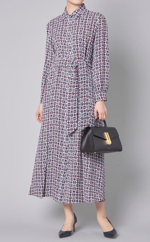 プリントベルテッドロングシャツワンピース