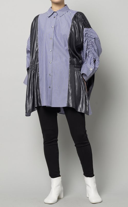 シャーリング切替ストライプシャツ