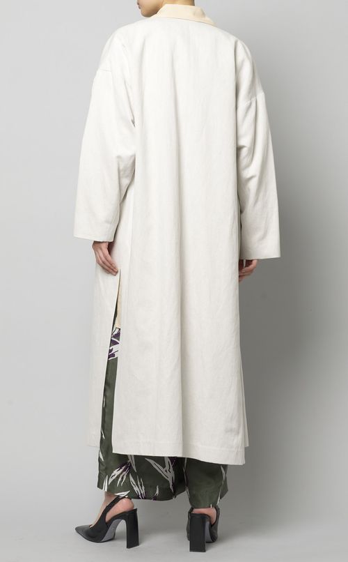 コットンリネンノーカラーロングコート