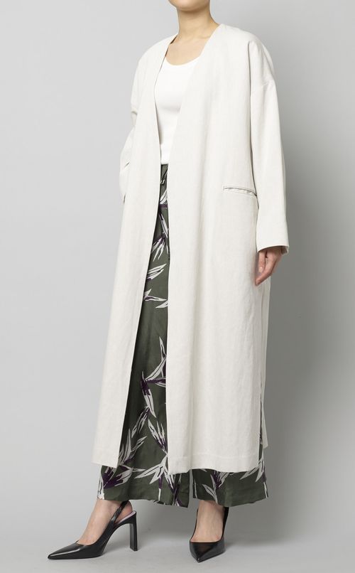 コットンリネンノーカラーロングコート