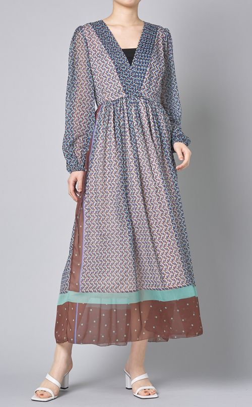 プリント切替Vネックロングワンピース
